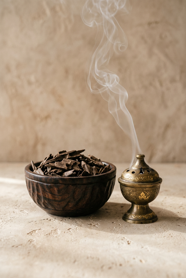 Bowl of oud bukhoor chips beside a brass incense burner