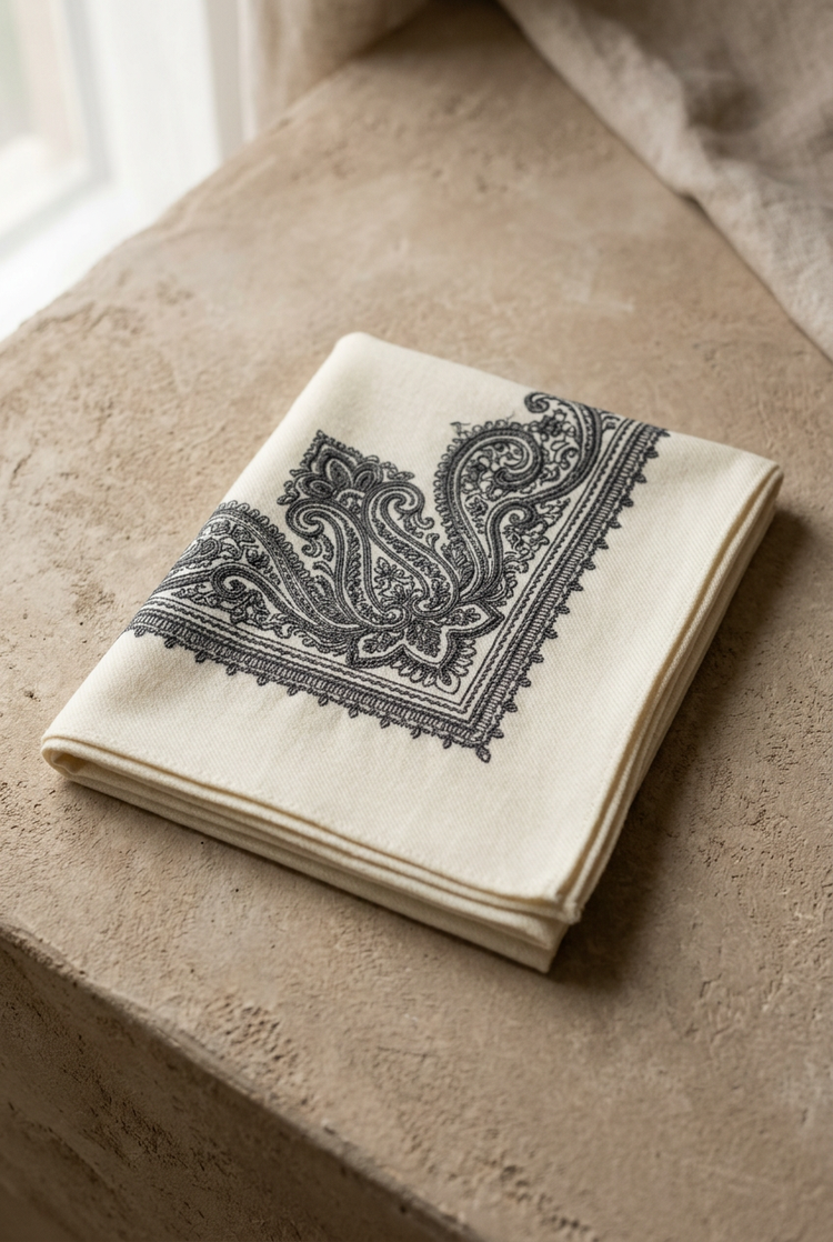 Folded ivory shemagh with charcoal paisley embroidery