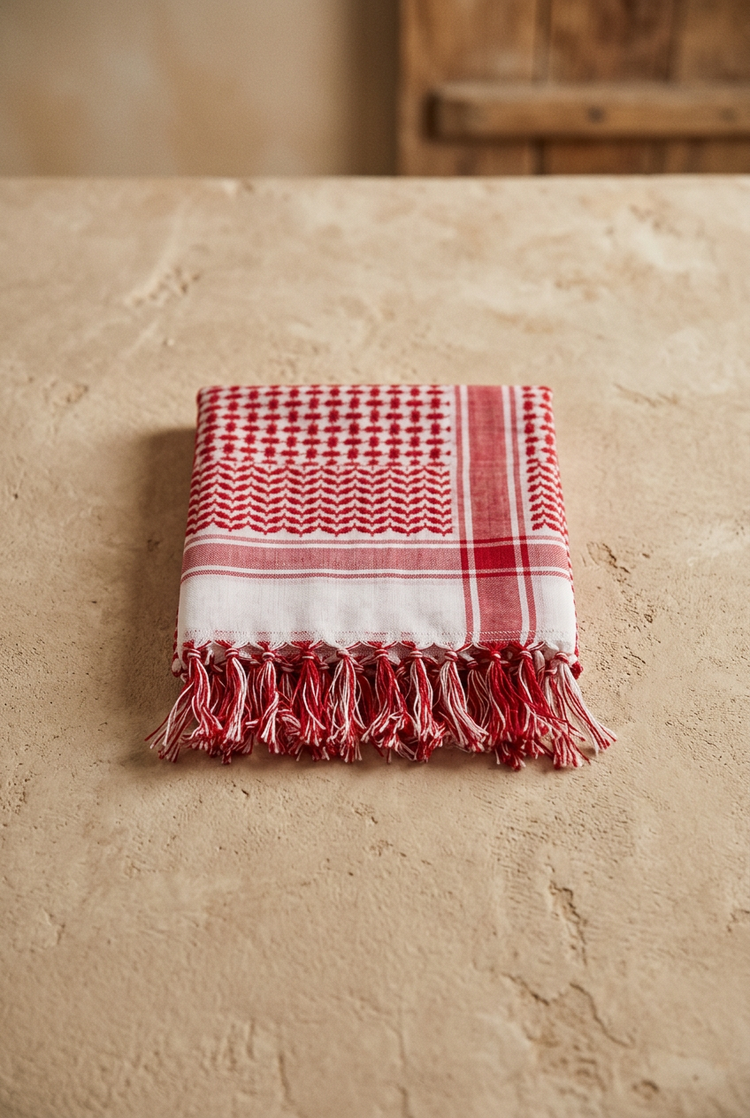 Folded red and white Saudi shemagh with tassels