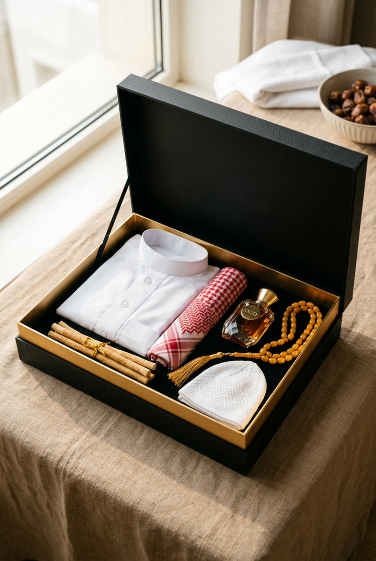 Black and gold gift box with a thobe, shemagh, oud perfume, miswak, kufi and prayer beads