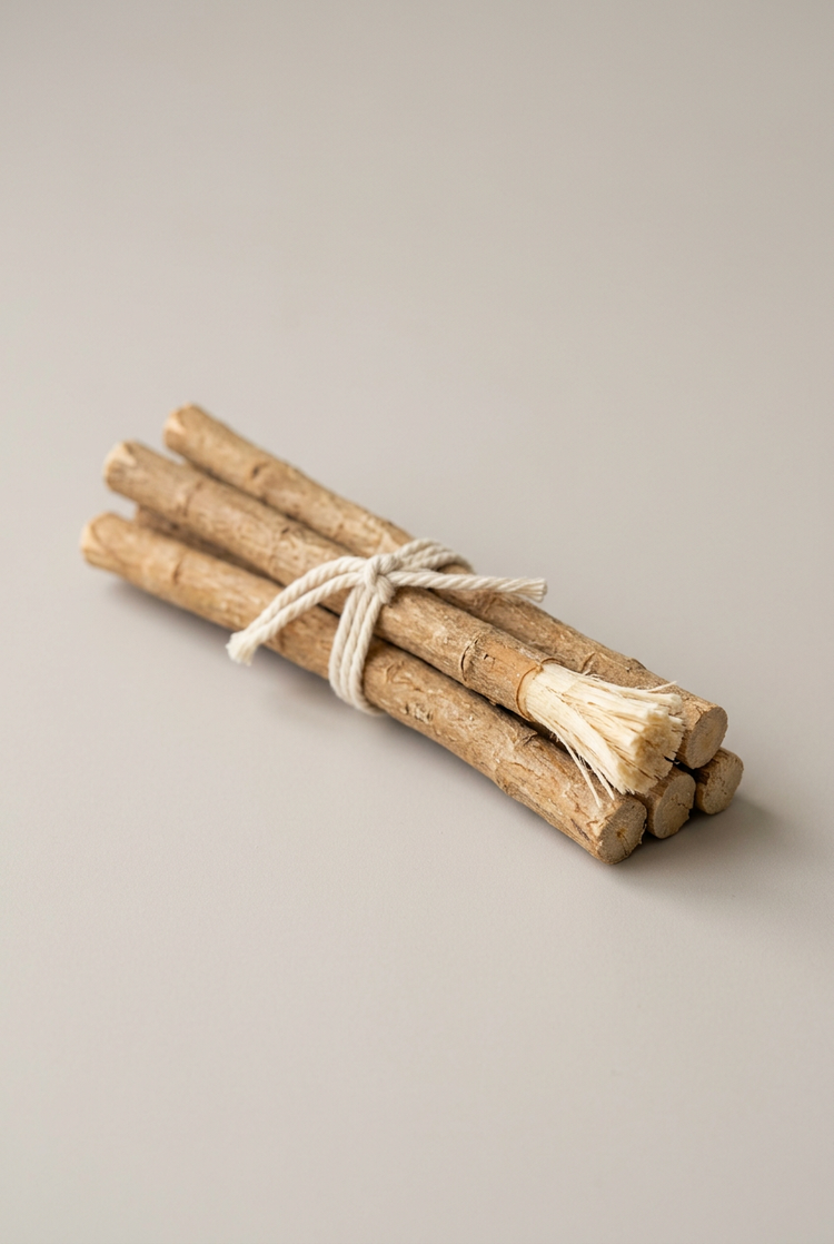 Bundle of natural miswak sticks tied with cotton string