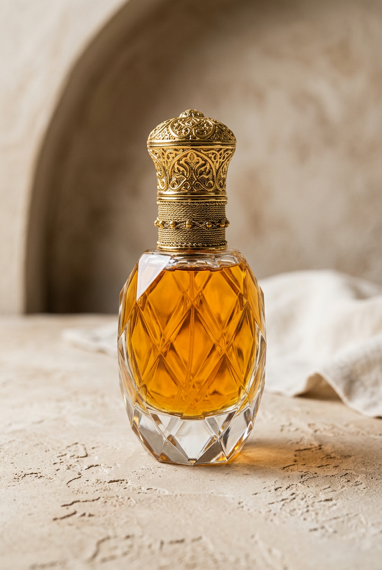 Faceted glass perfume bottle with a gold cap