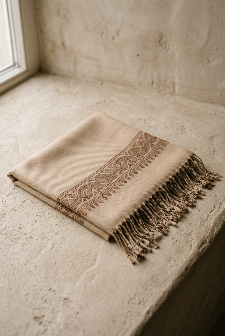 Folded sand Yemeni shemagh with paisley embroidery and fringe